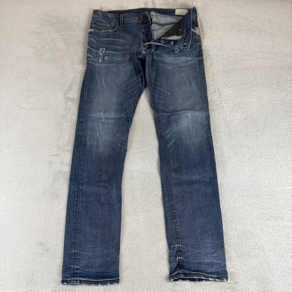 Diesel Tepphar Slim Carrot Jeans Mens 34x34 Blue Button Fly Distressed Stretch